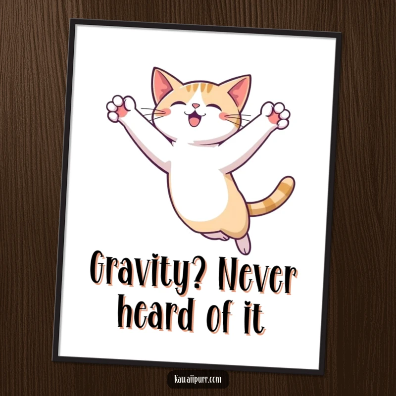 Funny Free Printable Wall Art: Cat mid-air leap, paws outstretched, a humorous and dynamic piece of downloadable art.