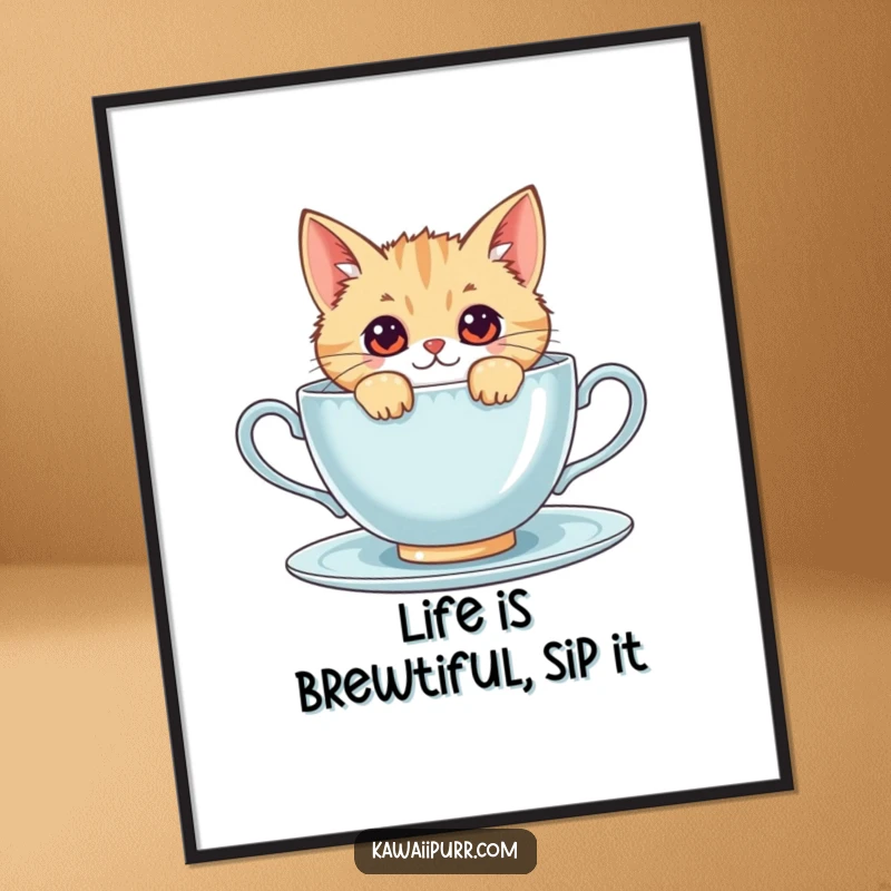 Funny Free Printable Kawaii Cat Wall Art featuring a curious cat peeking over a giant teacup, full of personality.