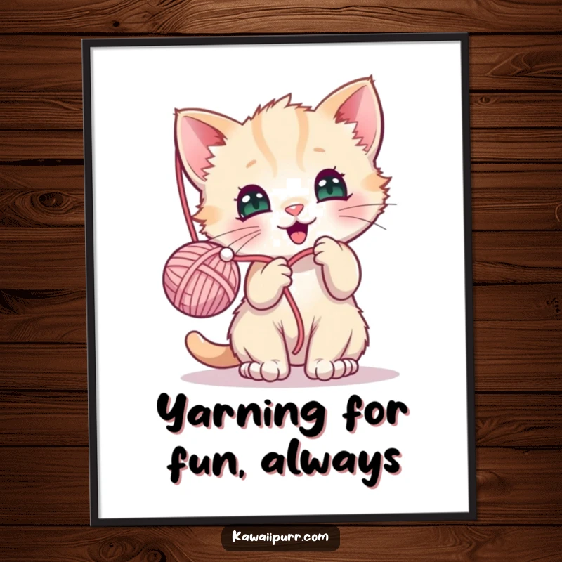 Funny Free Printable Wall Art: Kawaii kitten character joyfully batting at a dangling yarn ball, cute and playful home decor.