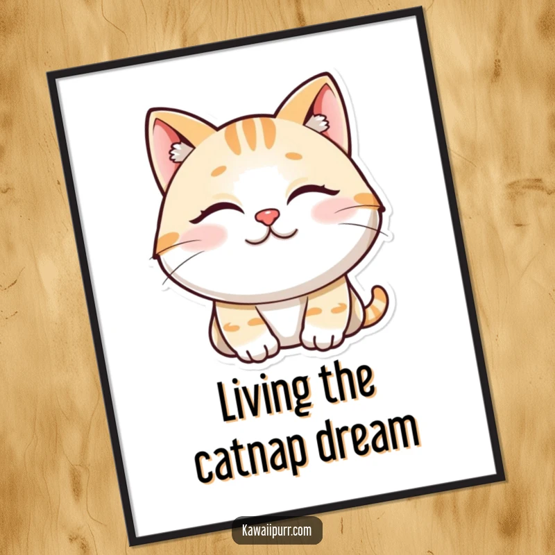 Funny Free Printable Wall Art: A smiling cat with closed eyes, deeply content and purring, ideal for relaxation.