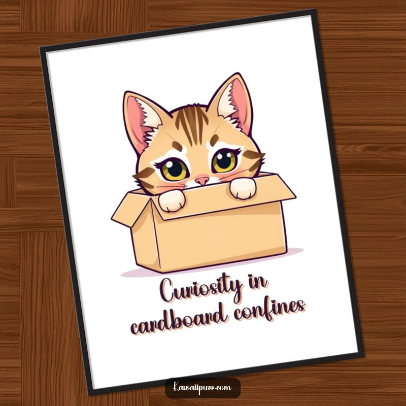 Funny Free Printable Wall Art: Mischievous tabby cat peeking out of a cardboard box with bright, curious eyes.