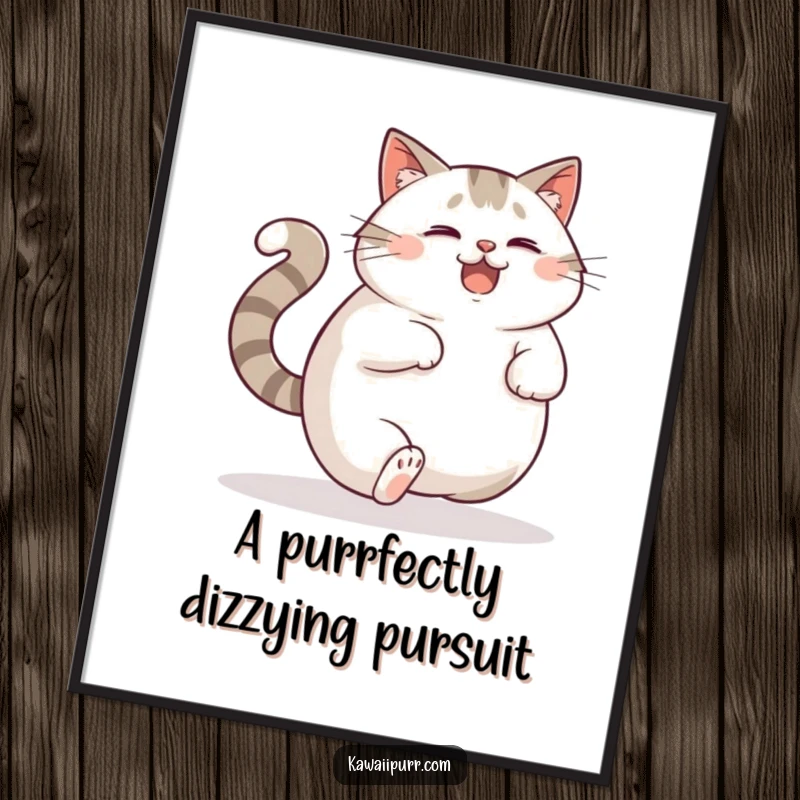 Funny Free Printable Wall Art: A plump cat is chasing its own tail with a look of delighted confusion.