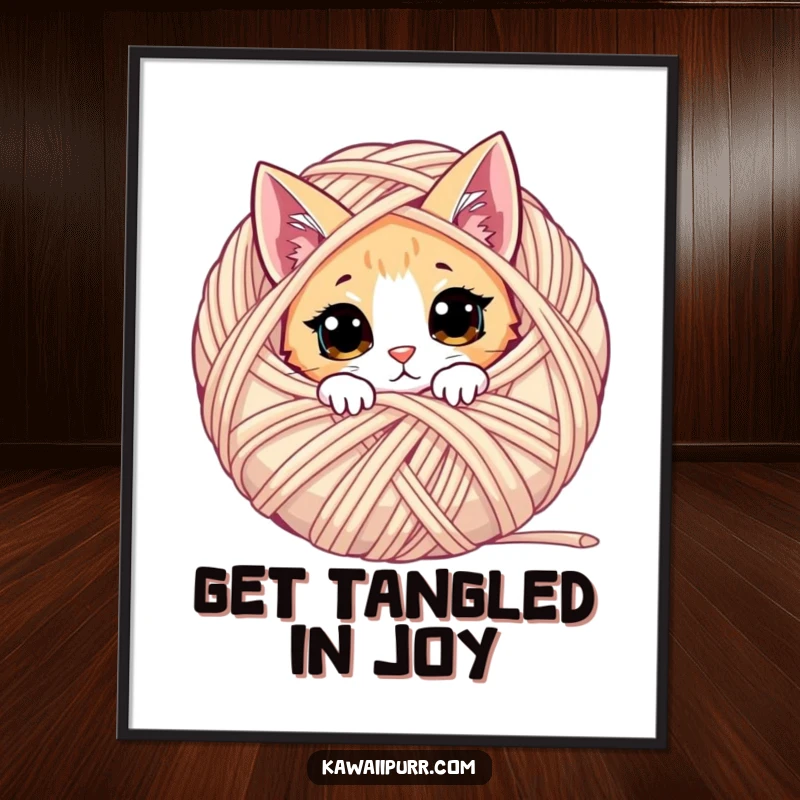 Funny Free Printable Wall Art: A mischievous cat peeking from a large yarn ball, adding playful decor.
