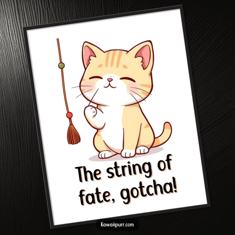 Funny Free Printable Wall Art: Kawaii cat with intense concentration batting playfully at a dangling string.