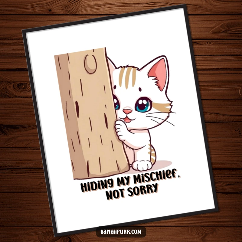 Funny Free Printable Wall Art: Mischievous cat peeking from behind a scratching post, adding a playful vibe to your room.