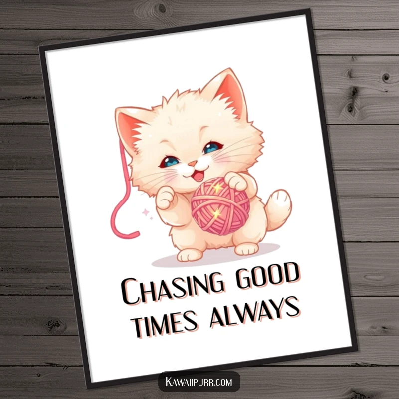 Funny Free Printable Wall Art: Fluffy kitten cartoon character playfully batting a sparkly yarn ball, cute and humorous downloadable decor for any room.