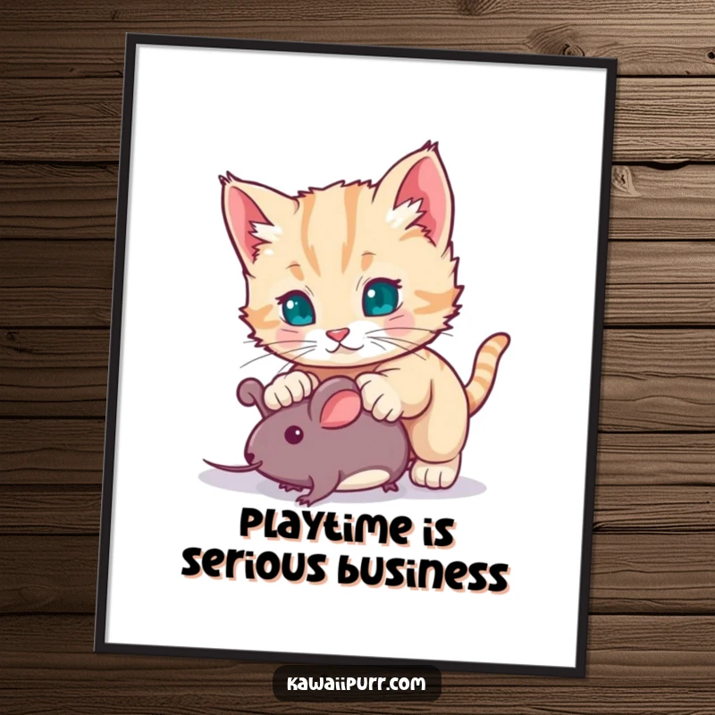 Funny Free Printable Wall Art: A dynamic illustration of a kitten caught mid-pounce, playfully attacking a tiny toy mouse.