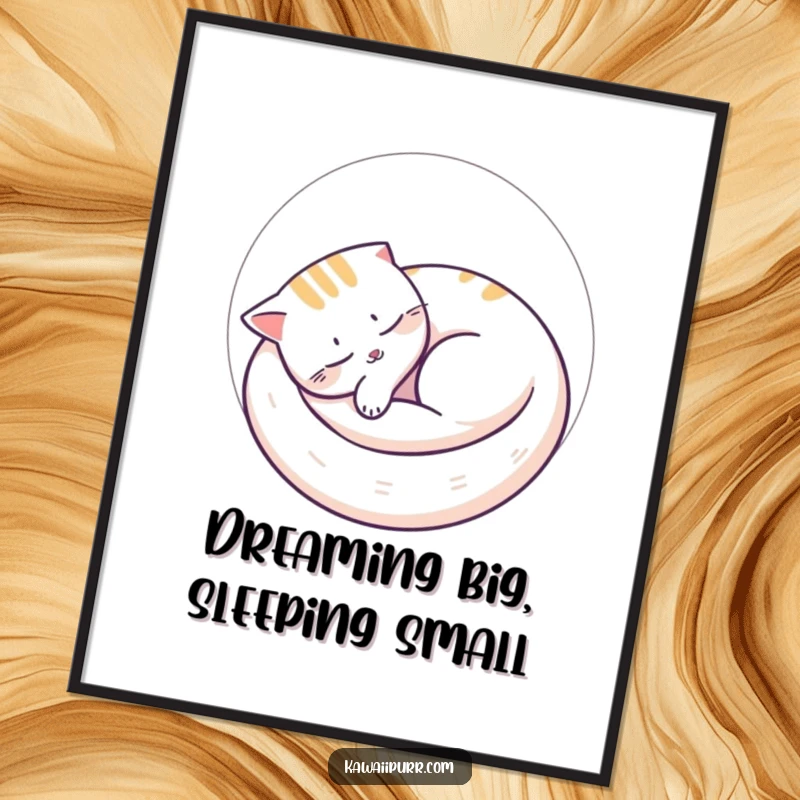 Funny Free Printable Wall Art: Cat napping peacefully curled in a circle with snoozing lines, creating calming and downloadable decor.