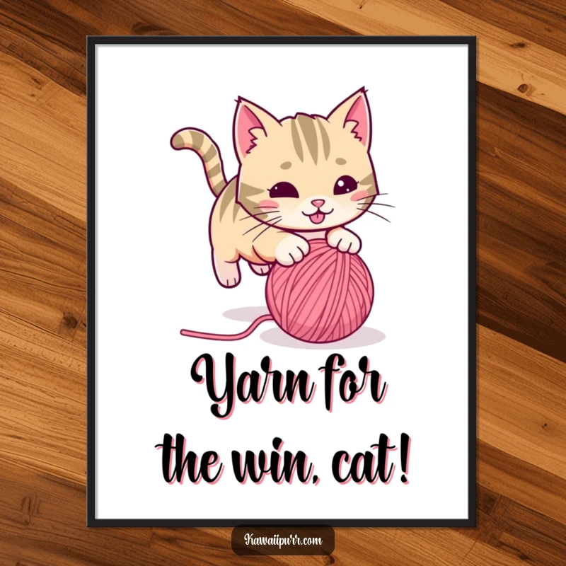 Funny Free Printable Wall Art: A playful cat with a twitching tail, captured mid-pounce on a rolling ball of yarn, full of energy.