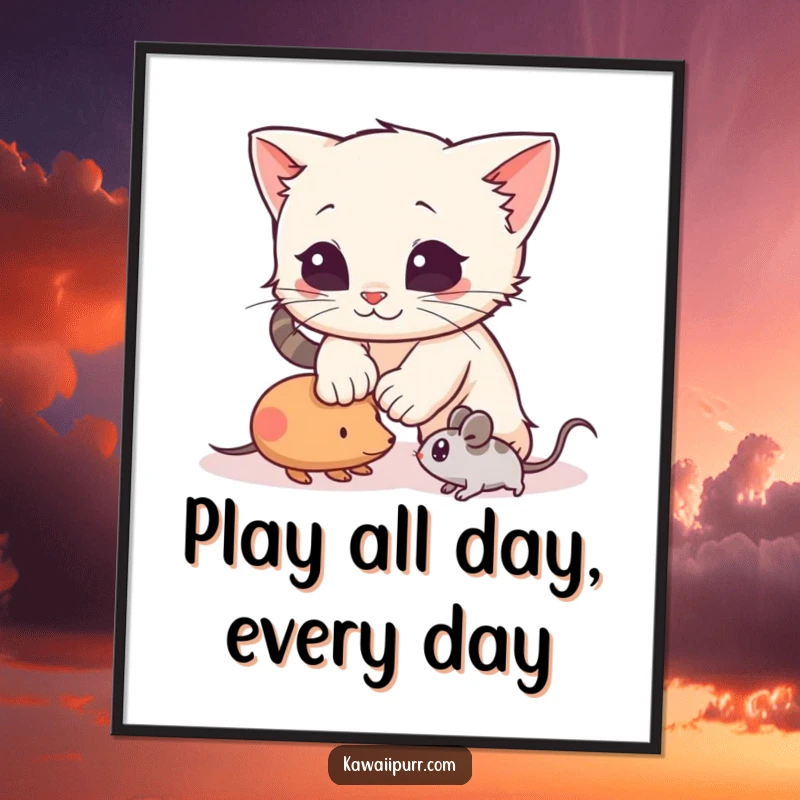 Funny Free Printable Wall Art: A kitten in mid-air, pouncing playfully at a toy mouse.