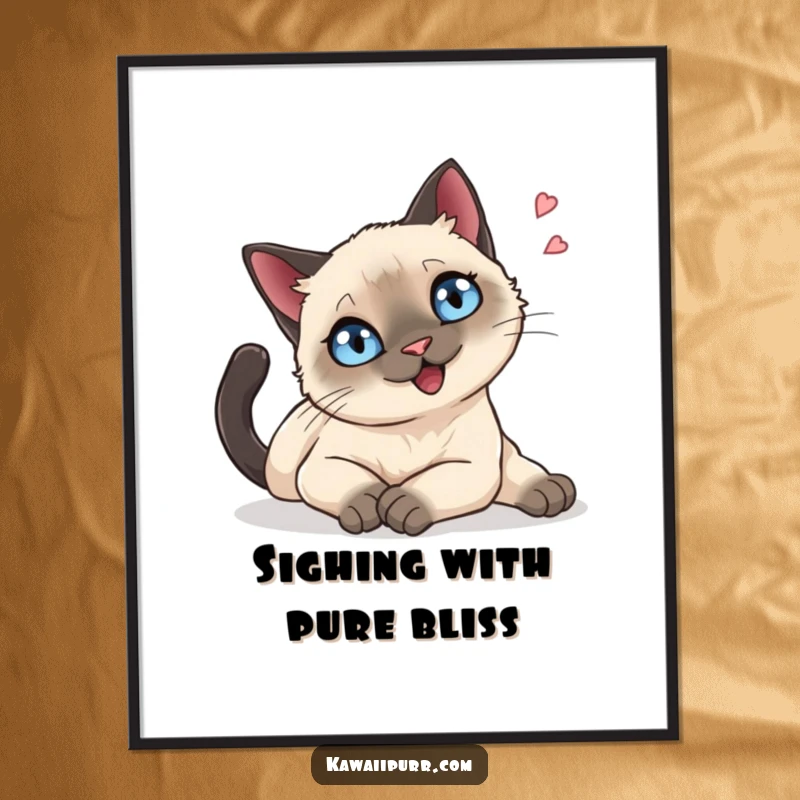 Funny Free Printable Wall Art: A Siamese cat with sparkling blue eyes is stretching languidly, a happy sigh escaping.