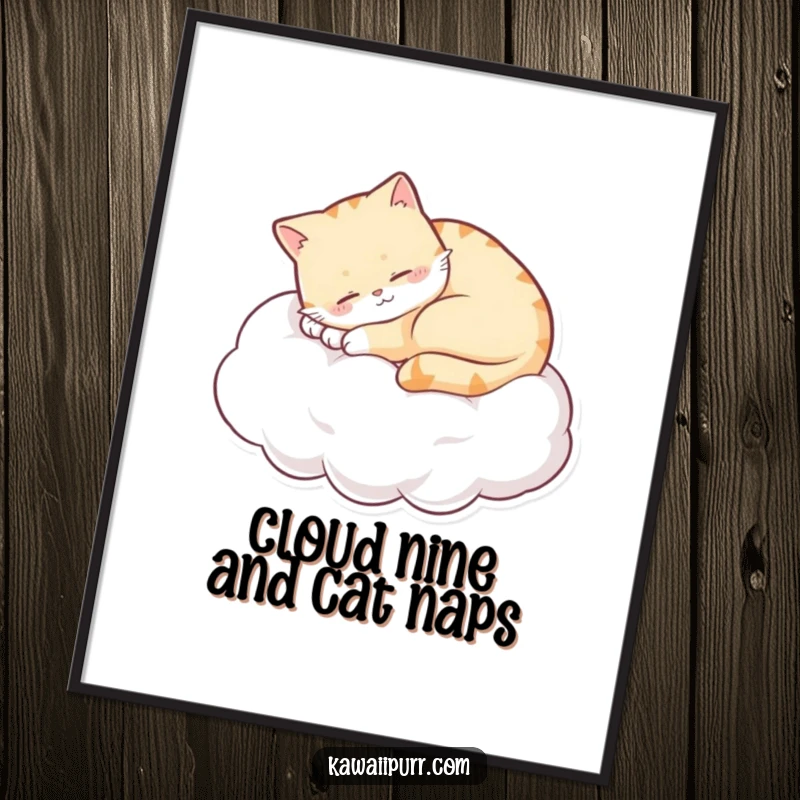 Funny Free Printable Wall Art: A content, smiling cat sleeping peacefully on a fluffy cloud, bringing calm and humor to any room.