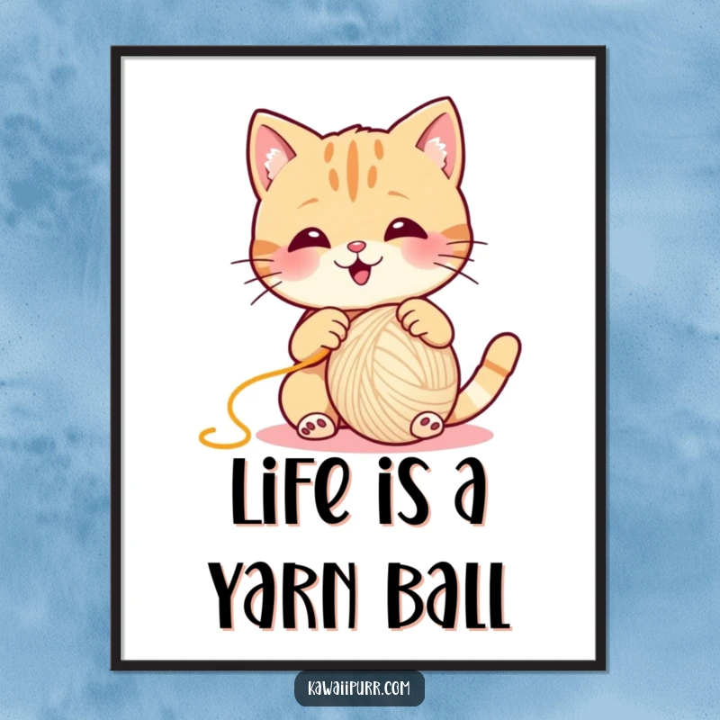 Funny Free Printable Wall Art: Cat adorably tangled in a ball of yarn, a comical decorative piece.