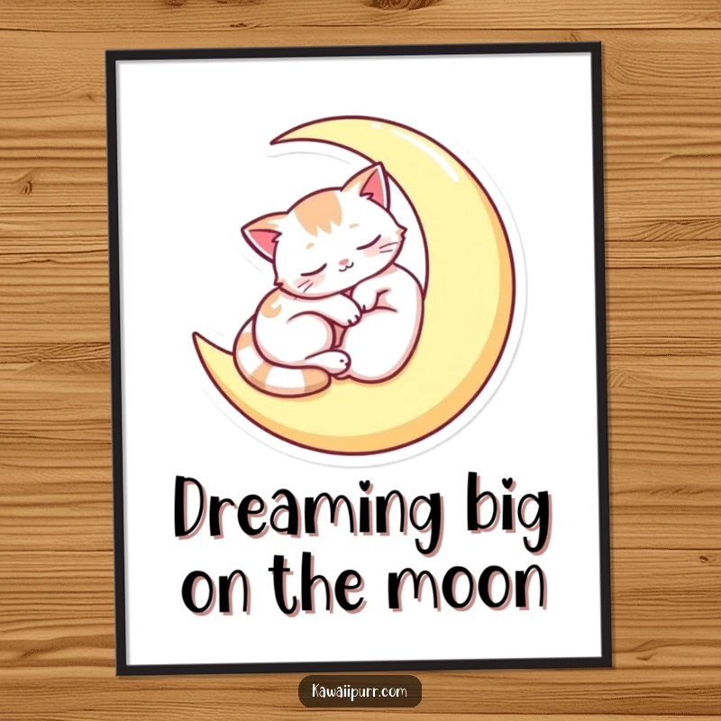 Funny Free Printable Wall Art of a cute cat peacefully sleeping on a sliver of moon, evoking a sense of calm and nighttime wonder.