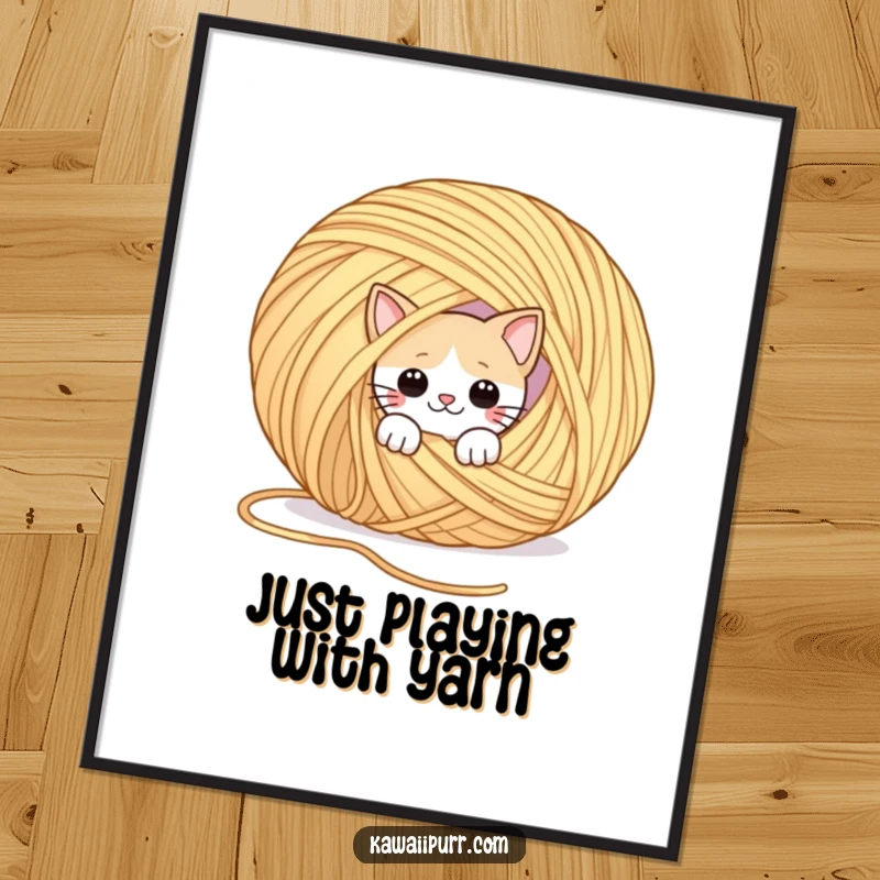 Funny Free Printable Wall Art: Playful cat emerges from behind a massive floating yarn ball, with curious and charming eyes.