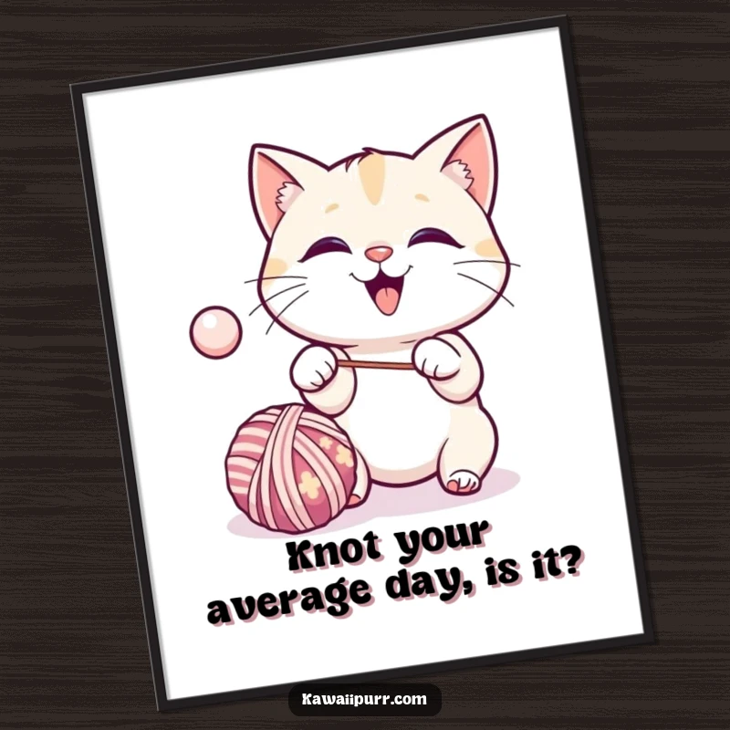 Funny Free Printable Wall Art: Kawaii cat excitedly batting a bouncing ball of yarn with immense joy.