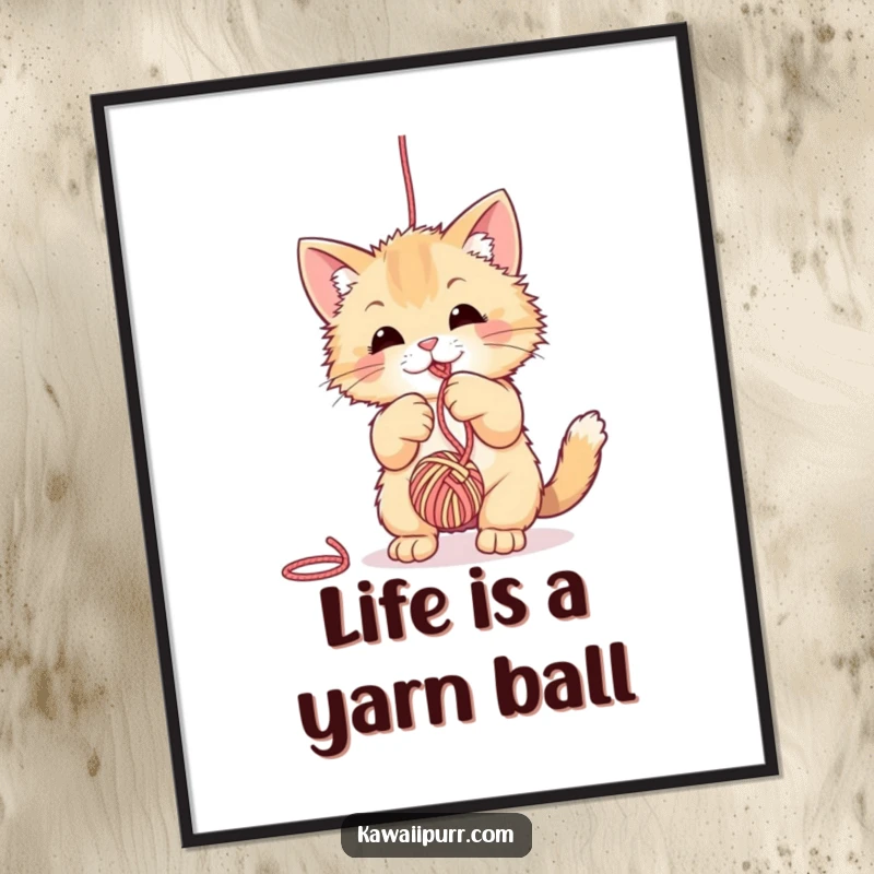 Funny Free Printable Wall Art: Fuzzy cat playfully batting at a dangling ball of yarn, creating a whimsical and humorous scene.