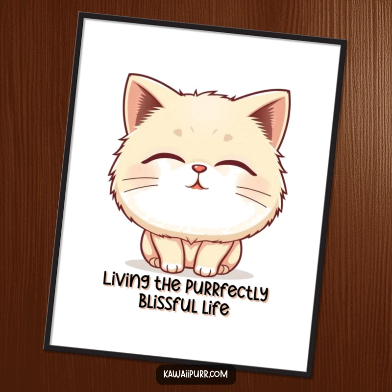 Funny Free Printable Wall Art: Round, blissful fluffy cat purring with closed eyes and happy vibrating lines.