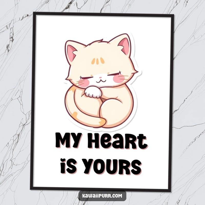 Funny Free Printable Wall Art: Cat character embodies love, curled in a perfect heart shape, purring with eyes blissfully shut.