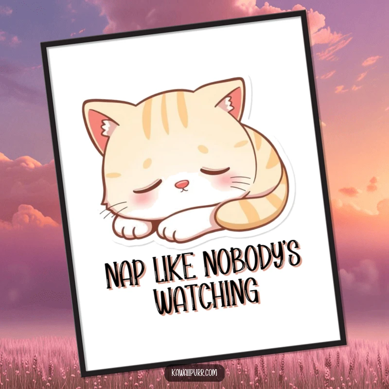 Funny Free Printable Wall Art: A deeply sleeping cat character with a peaceful, happy smile displayed.