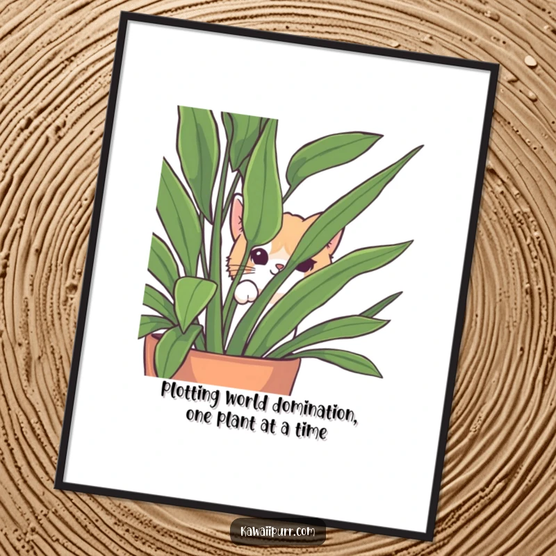 Funny Free Printable Wall Art: Cat peeking out from behind a lush houseplant, a charming and humorous piece of downloadable art.
