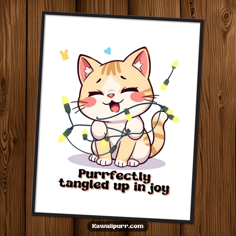 Funny Free Printable Wall Art: Kawaii cat humorously tangled in a string of lights, looking distressed and cute.