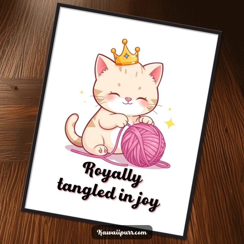 Funny Free Printable Wall Art: A cat wearing a tiny crown bats playfully at a ball of yarn sparkling with glee.