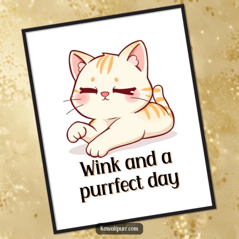 Funny Free Printable Wall Art: A lazy Kawaii cat stretches with a relaxed pose and a knowing, mischievous wink.