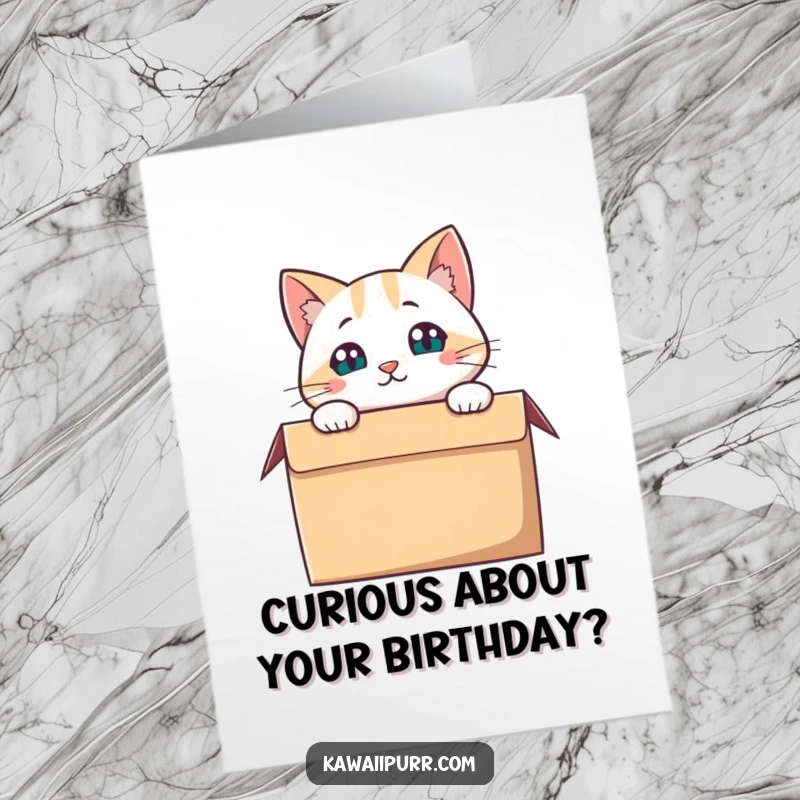 Funny Free Printable Birthday Card: Cat peeking curiously from a cardboard box, a humorous and playful surprise.
