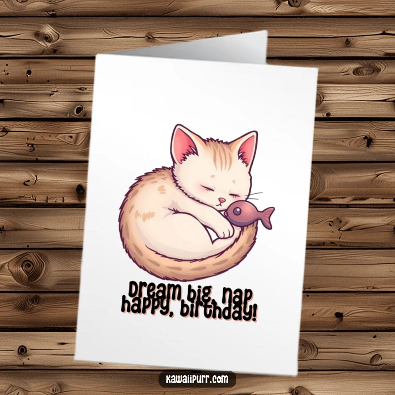 Funny Free Printable Birthday Card: A cute kitten asleep, with thought bubbles showing fish, indicating happy dreams.