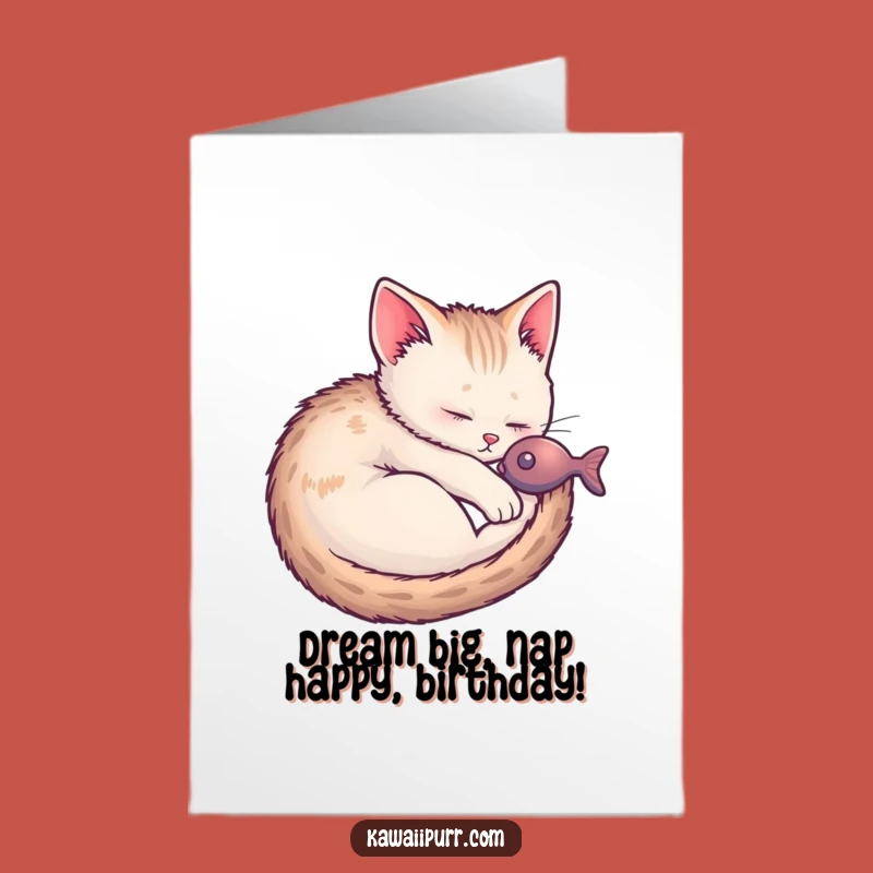 Free Printable Birthday Card: Sleeping Kitten Dreaming of Fish, Funny Downloadable Gift