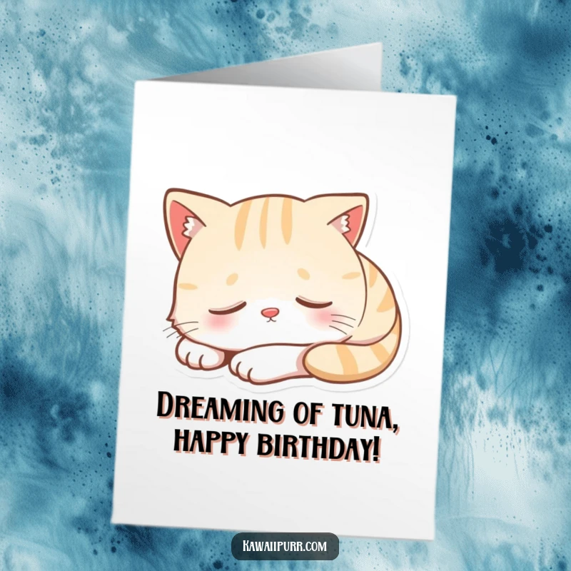 Funny Free Printable Birthday Card: A content cat character sleeping soundly with a gentle, happy smile.