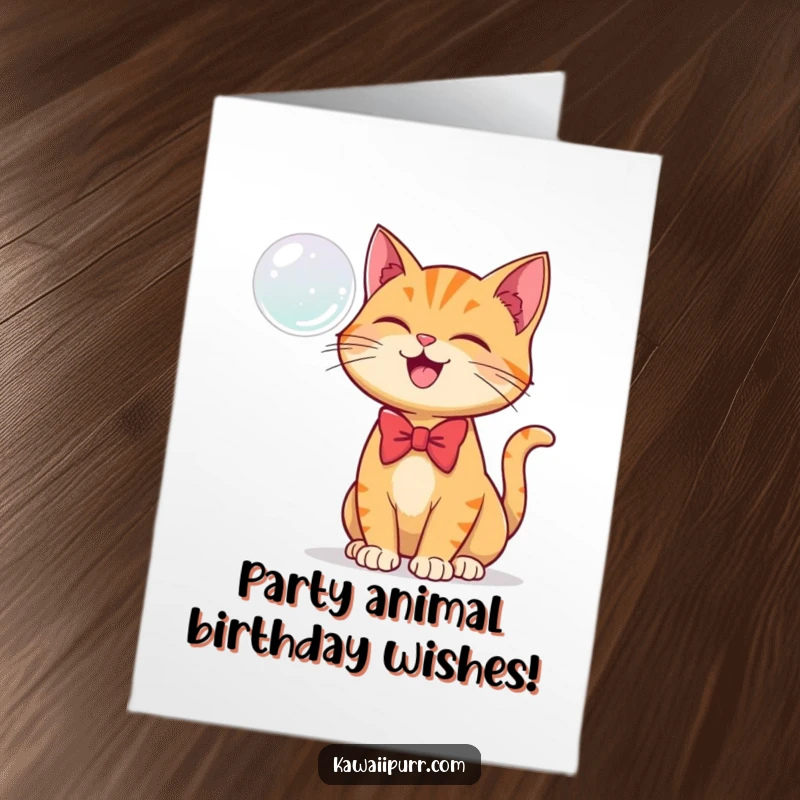 Funny Free Printable Birthday Card: Ginger cat in a bowtie joyfully bats at a floating bubble.