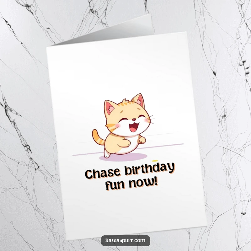 Funny Free Printable Birthday Card: Cat giggling while chasing a red laser dot across the floor in a playful frenzy.
