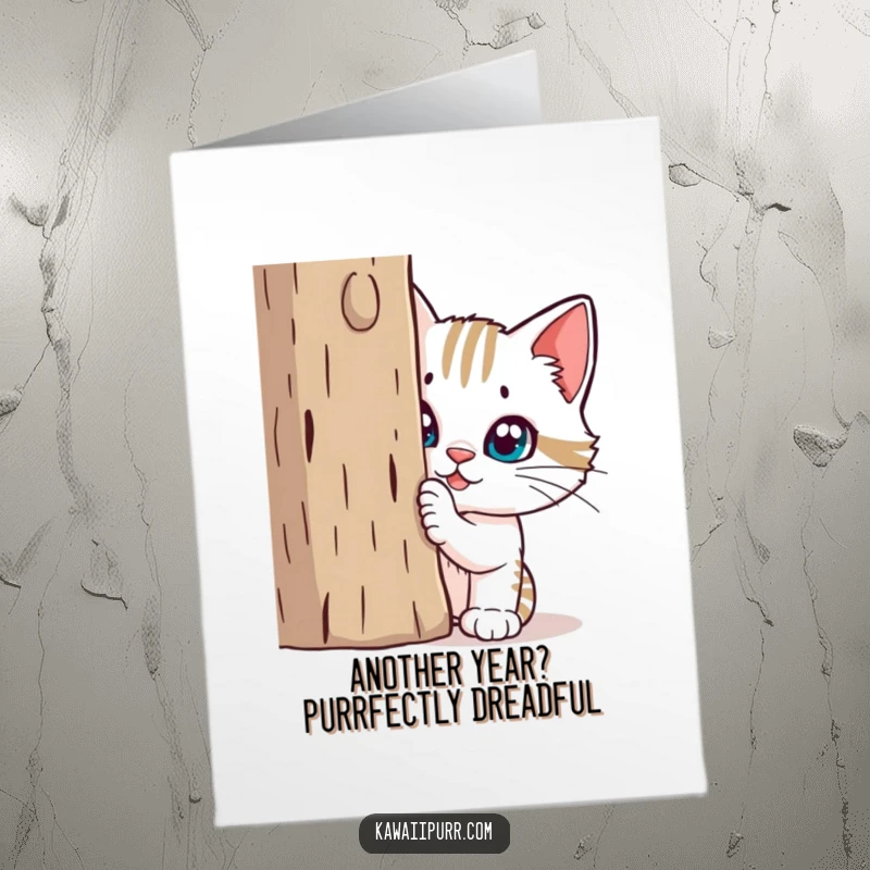 Funny Free Printable Birthday Card: Mischievous cat peeking from behind a scratching post, planning birthday fun.