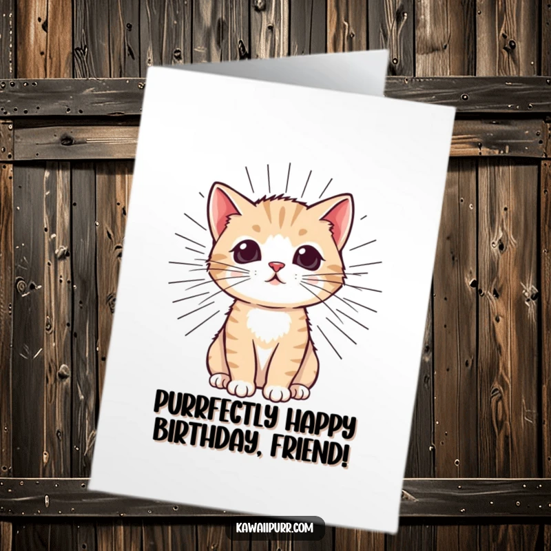 Funny Free Printable Birthday Card: A kitten with huge, radiating purr lines and a massive grin, spreading birthday cheer.