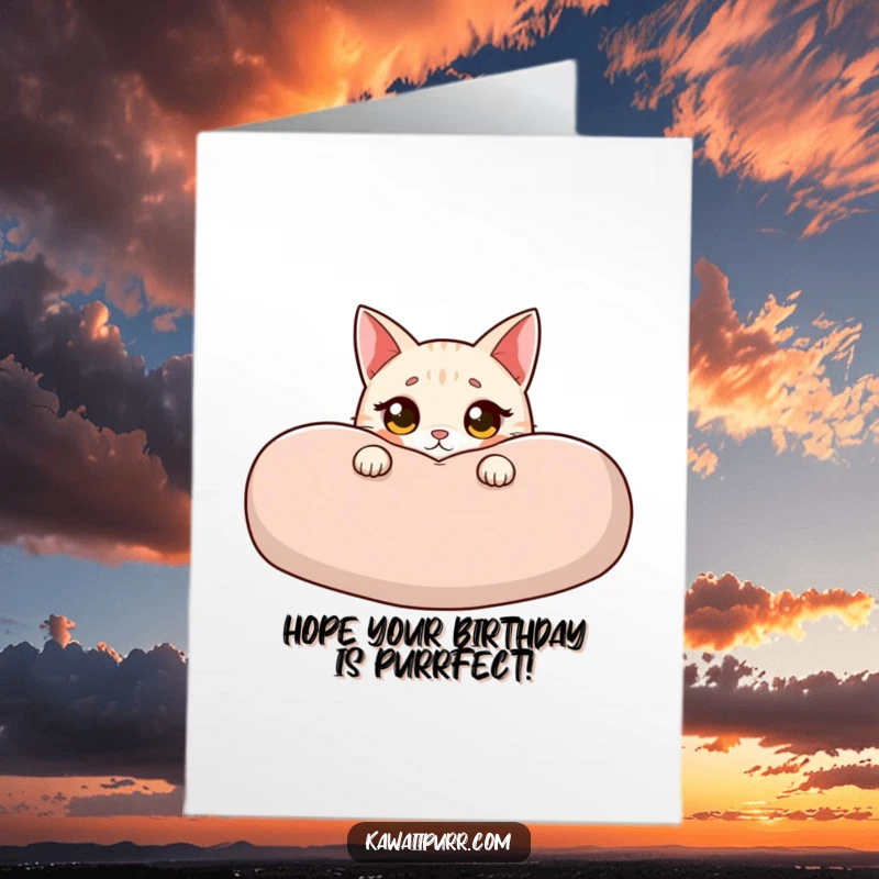 Funny Free Printable Birthday Card: Cat peeking innocently from cushion, wide eyes, slight blush, offering a cute birthday surprise.