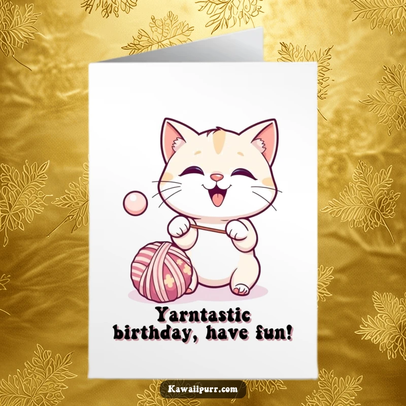 Funny Free Printable Birthday Card: Kawaii cat excitedly batting a bouncing ball of yarn with joy.