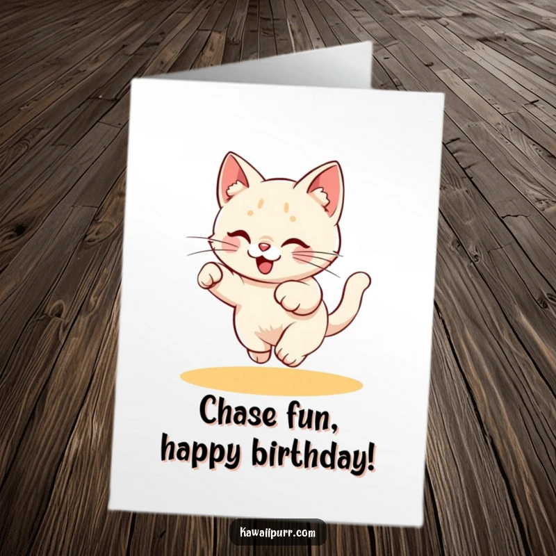 Funny Free Printable Birthday Card: Playful kitty character energetically chasing a red laser pointer dot, perfect for a fun downloadable birthday message.