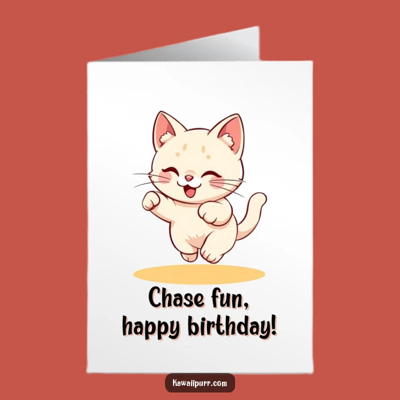 Free Printable Birthday Card: Kitty Chases Laser - Funny Downloadable Energetic Gift