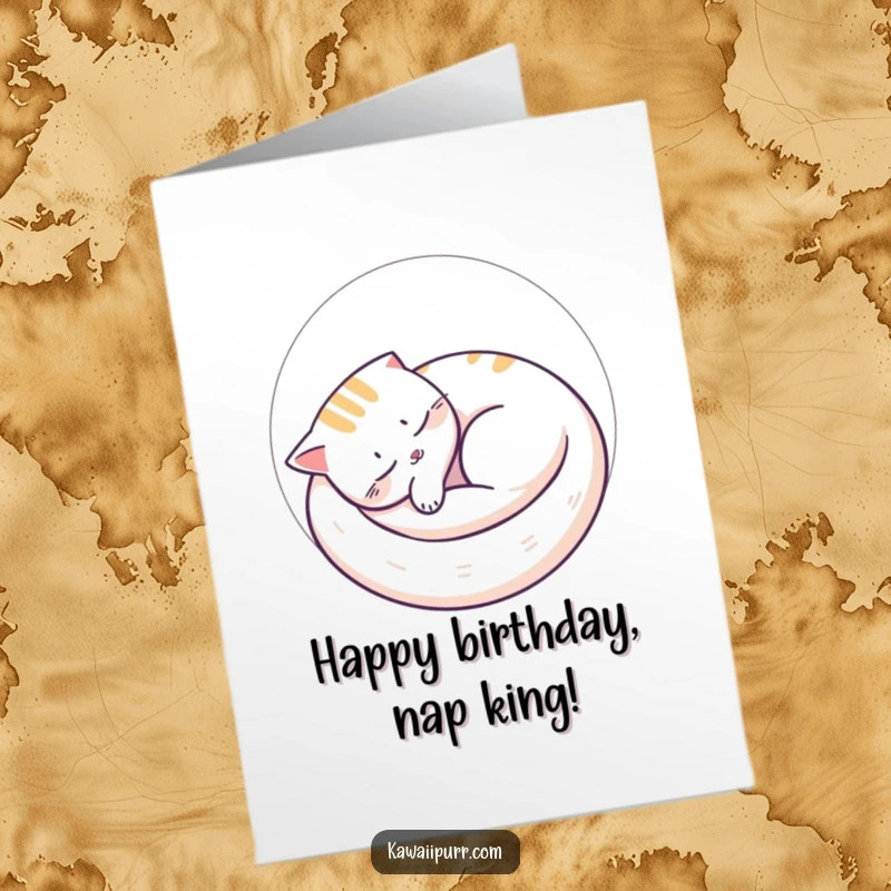 Funny Free Printable Birthday Card: Cat napping peacefully curled in a circle with snoozing lines, a cozy downloadable birthday wish.
