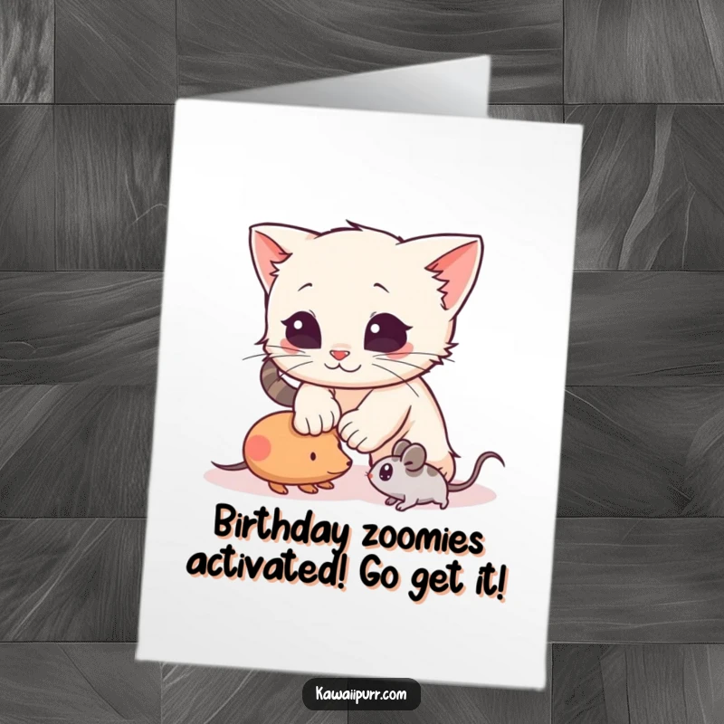 Funny Free Printable Birthday Card: A kitten mid-pounce on a toy mouse, full of playful energy.