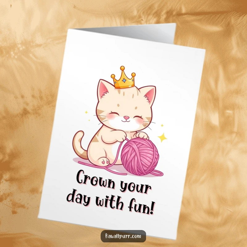 Funny Free Printable Birthday Card: Regal cat in crown plays with sparkling yarn ball, fit for a queen.