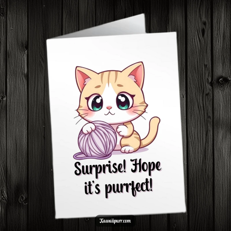 Funny Free Printable Birthday Card: A cat with huge eyes, caught off guard by a rolling yarn ball.