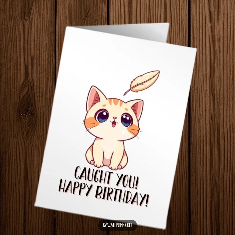 Funny Free Printable Birthday Card: A surprised cat character looking up with wide eyes at a floating feather.