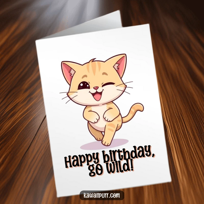 Funny Free Printable Birthday Card: Cat character spins wildly chasing its tail, grin wide, embodying birthday chaos and fun.