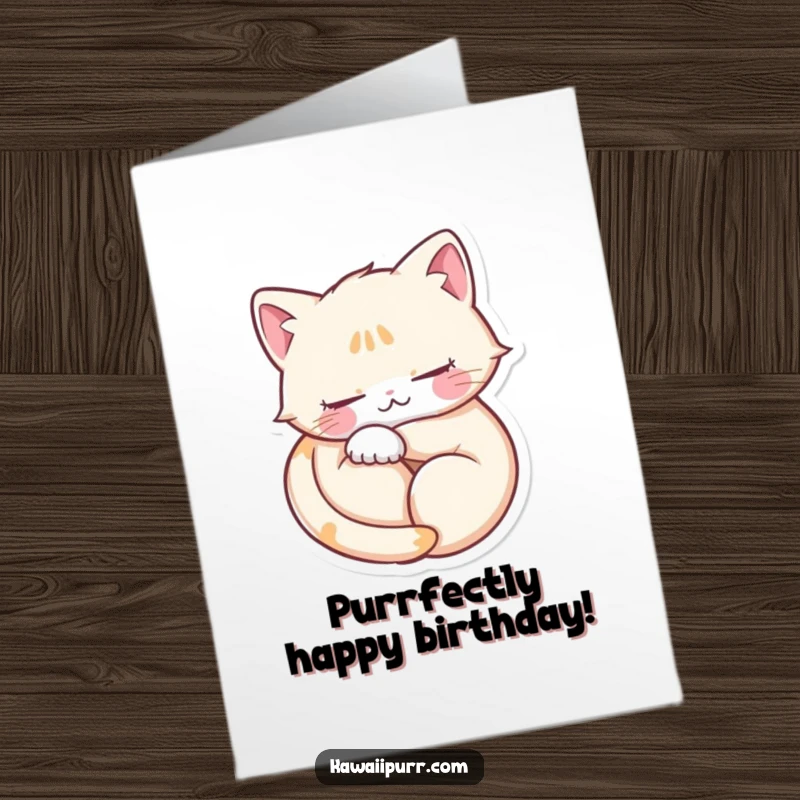 Funny Free Printable Birthday Card: Cat character purrs contentedly, curled in a heart shape, eyes closed in blissful birthday joy.