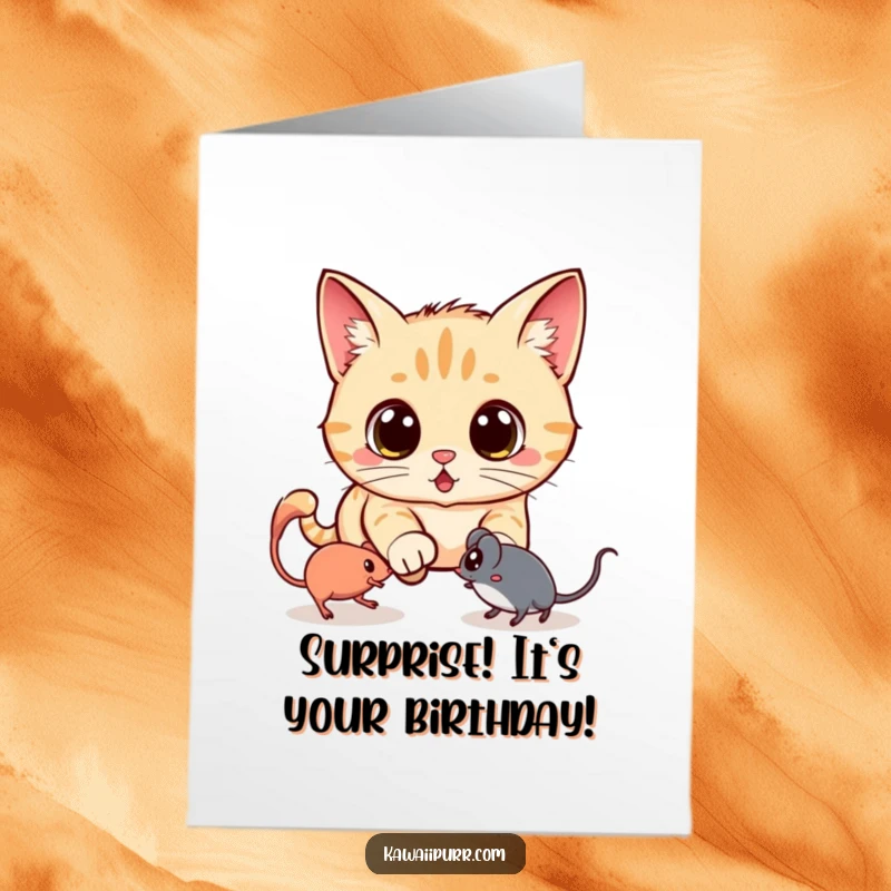 Funny Free Printable Birthday Card: Kawaii cat with huge surprised eyes chases a glowing spectral mouse through the dark.