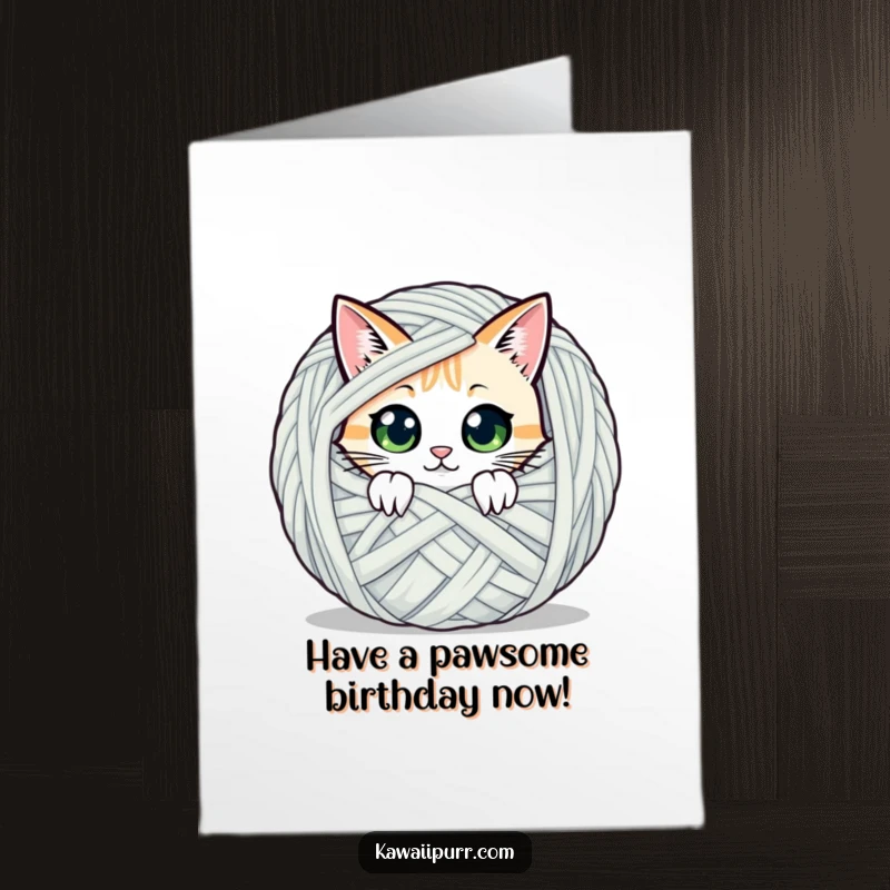 Funny Free Printable Birthday Card: Cat character peeking with wide eyes from behind a giant ball of yarn, delightful birthday surprise.