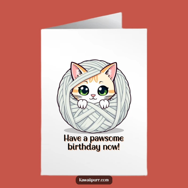 Free Printable Cat Birthday Card: Peek-a-Boo Cat Yarn Funny Downloadable Gift